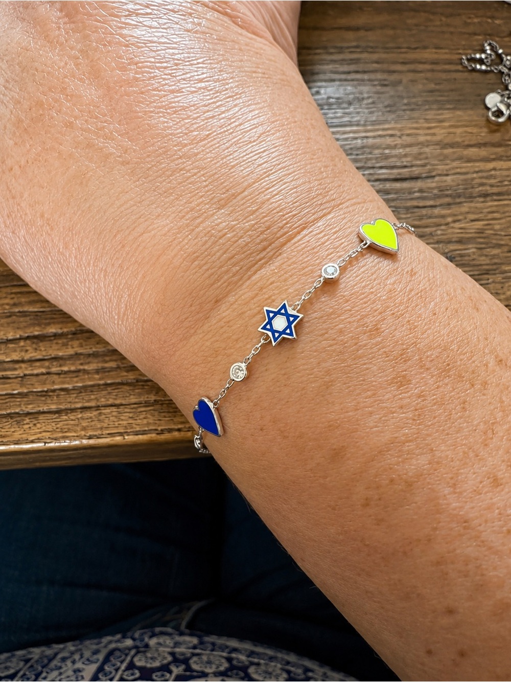 Sterling Silver Station Bracelet with Blue & Yellow Hearts, CZs, Star of David